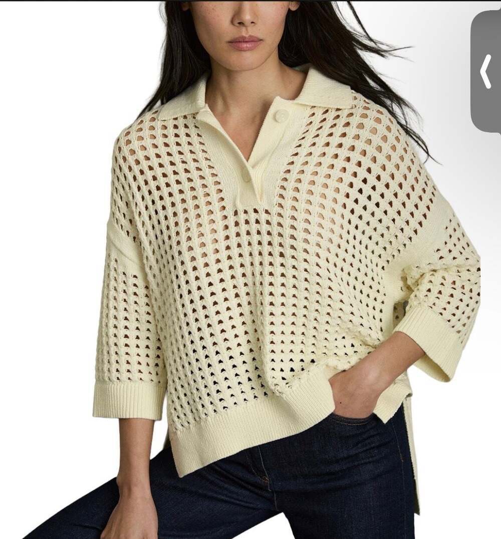 Reiss Reika Cotton Crochet Collared Jumper in Buttermilk